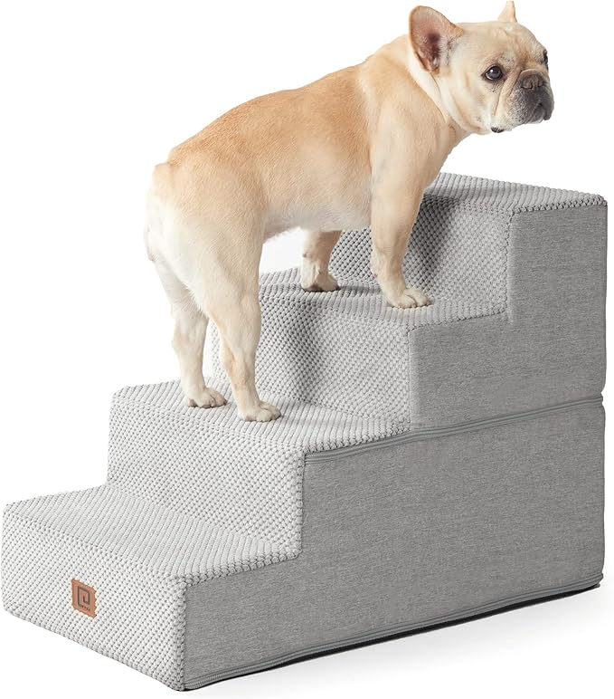 EHEYCIGA Dog Stairs for Bed 18”H, 4-Step Dog Steps for High Bed, Pet Steps for Small Dogs and Cats, Non-Slip Balanced Dog Indoor Ramp, Light Grey