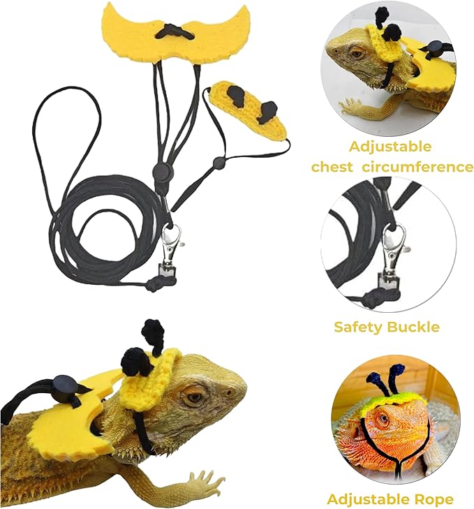 Adjustable Bearded Dragon Harness with Wings and Bee Hat Set, Lizard Leash Cute Hats for Small Reptiles Geckos Hamster, Bearded Dragon Stuff, Leopard Gecko Accessories (Head Cover+Traction Rope)