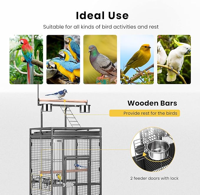 VIVOHOME 72 Inch Wrought Iron Large Bird Cage with Play Top and Stand for Parrots Lovebird Cockatiel Parakeets Black