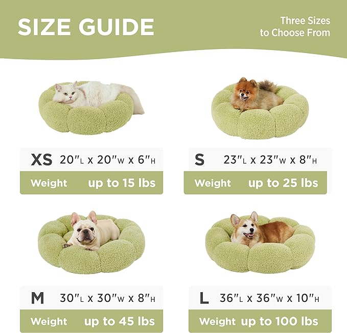 Lesure Calming Cat Beds for Indoor Cats - Cute Flower Pet Beds in Teddy Sherpa Plush, Donut Round Fluffy Puppy Bed, Non-Slip Extra Small Dog Bed Fits up to 15 lbs, Machine Washable, Green 20"