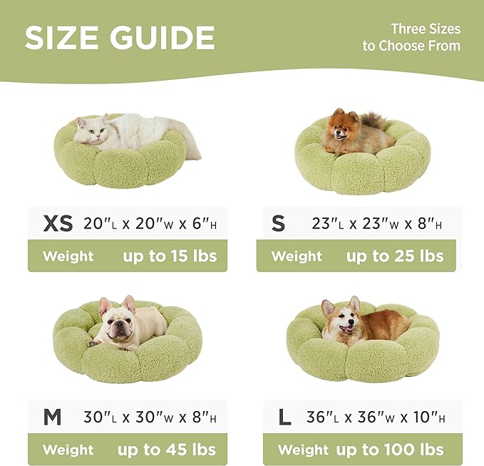 Lesure Calming Small Dog Bed - Flower Donut Round Fluffy Puppy Bed in Plush Teddy Sherpa, Non-Slip Cute Flower Cat Beds for Indoor Cats, Small Pet Bed Fits up to 25 lbs, Machine Washable, Green 23"