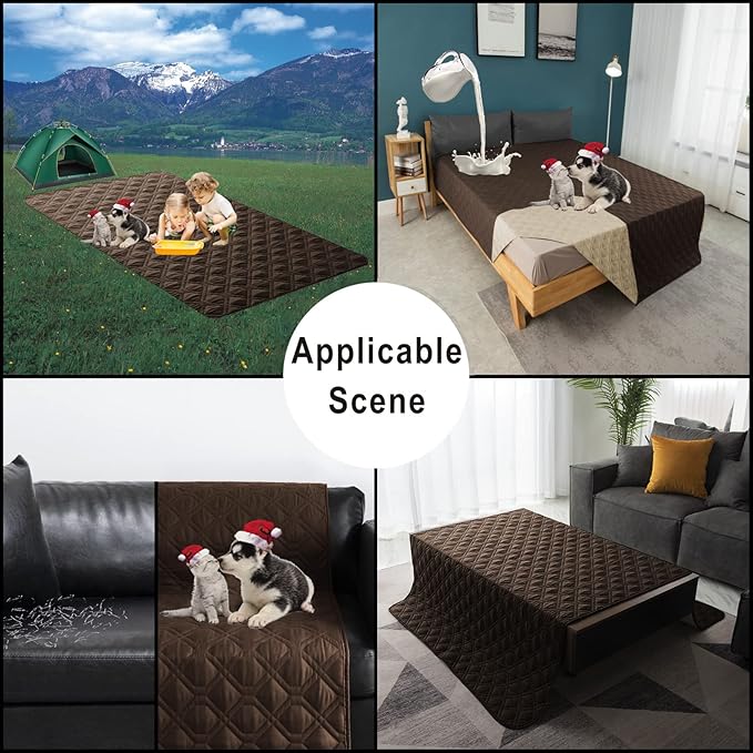 100% Waterproof Dog Bed Cover 52x82 inch Reversible Reusable Camping Mat for Kids/Pet/Dog/Cat Washable Geometric Embroidery Blanket Patchwork Brown+Beige