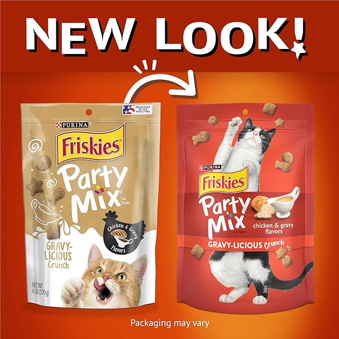 Purina Friskies Cat Treats, Party Mix Gravy-licious Crunch Chicken and Gravy Flavors - (Pack of 6) 6 oz. Pouches