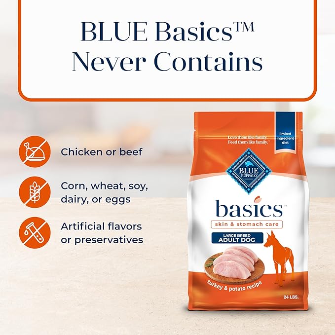 Blue Buffalo Basics Grain-Free Large Breed Adult Dry Dog Food, Skin & Stomach Care, Limited Ingredient Diet for Dogs, Turkey Recipe, 24-lb. Bag