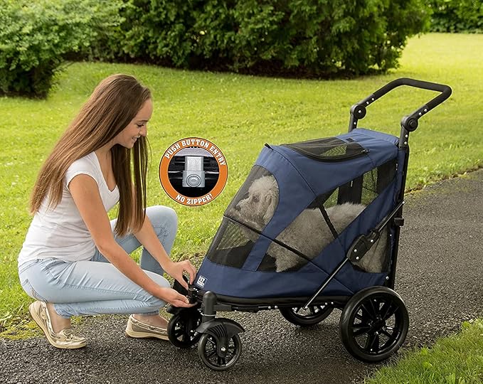 Pet Gear NO-Zip Pet Stroller with Dual Entry, Push Button Zipperless Entry for Single or Multiple Dogs/Cats, Pet Can Easily Walk in/Out, No Need to Lift Pet, Gel-Filled Tires, 1 Model, 4 Colors