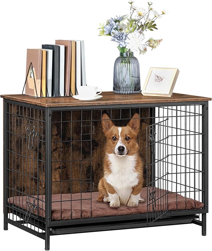 Dog Crate Furniture, Wooden Dog Kennel with Removable Tray, Heavy-Duty Dog Cage for Small/Medium/Large Dogs, Indoor Dog House End Side Table, 31.5" L, Rustic Brown DCHR0201Z