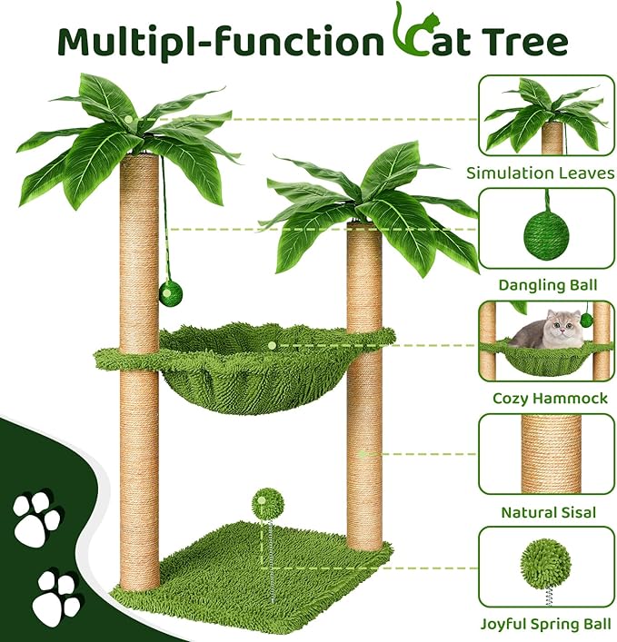 Cat Tree with Hammock and Premium Sisal Scratching Post,Activity Dangling Ball and Spring Ball for Indoor Kittens/Cats