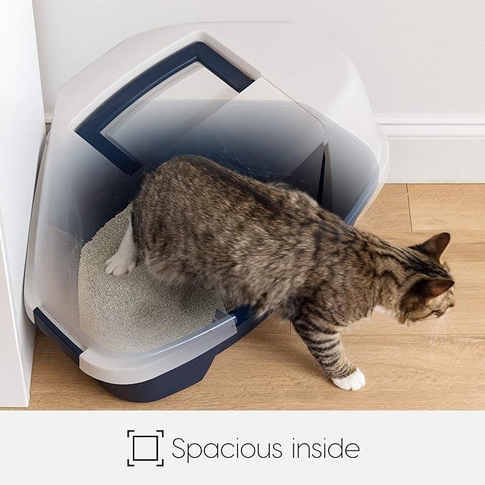 IRIS USA Large Corner Cat Litter Box Enclosure with Front Door Flap and Scoop, Hooded Kitty Litter Tray with Easy Access Lift Top Handle and Buckles for Portability and Privacy, Navy/White