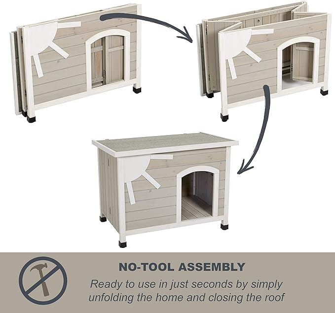 MidWest Homes for Pets Eilio Folding Outdoor Wood Dog House, No Tools Required for Assembly | Dog House Ideal for Medium Dog Breeds, Beige (12EWDH-M)