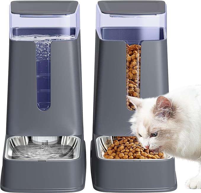 Automatic Cat Feeder and Cat Water Dispenser Set with Stainless Steel Bowls Gravity Dog Feeder for Small Medium Big Dog Pets Puppy Kitten, 1 Gallon x 2