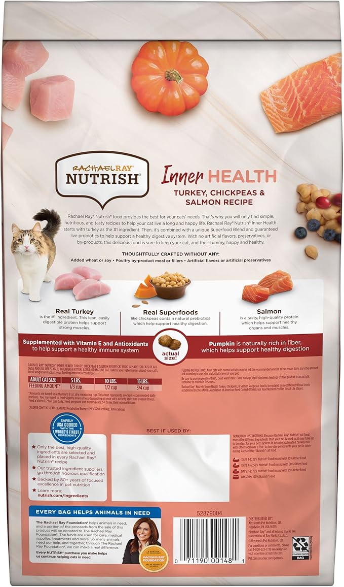 Rachael Ray Nutrish Inner Health Premium Natural Dry Cat Food with Added Vitamins, Minerals & Other Nutrients, Turkey with Chickpeas & Salmon Recipe, 3 Pounds