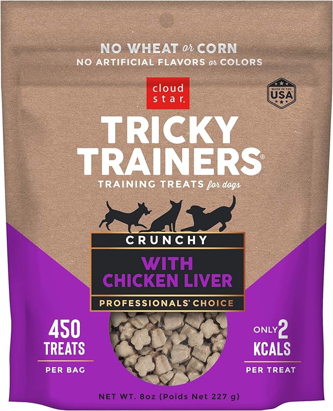 Cloud Star Tricky Trainers Crunchy Dog Training Treats 8 oz Pouch, Chicken Liver Flavor, Low Calorie Behavior Aid with 450 treats