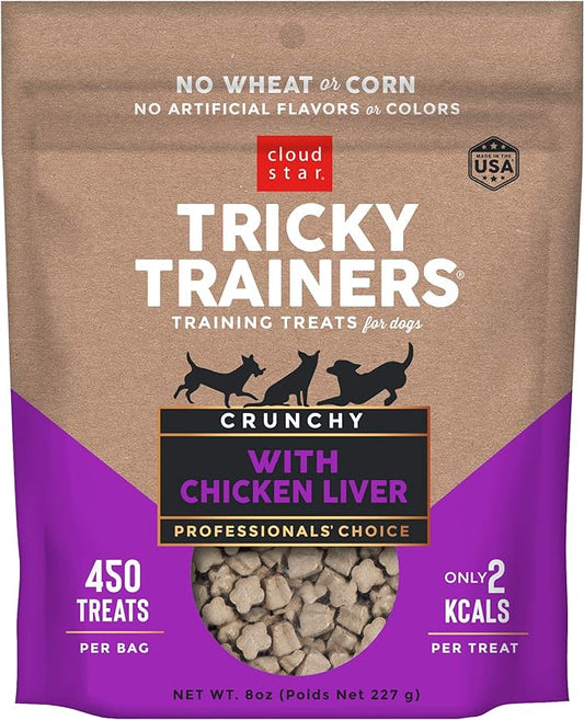 Cloud Star Tricky Trainers Crunchy Dog Training Treats 8 oz Pouch, Chicken Liver Flavor, Low Calorie Behavior Aid with 450 treats