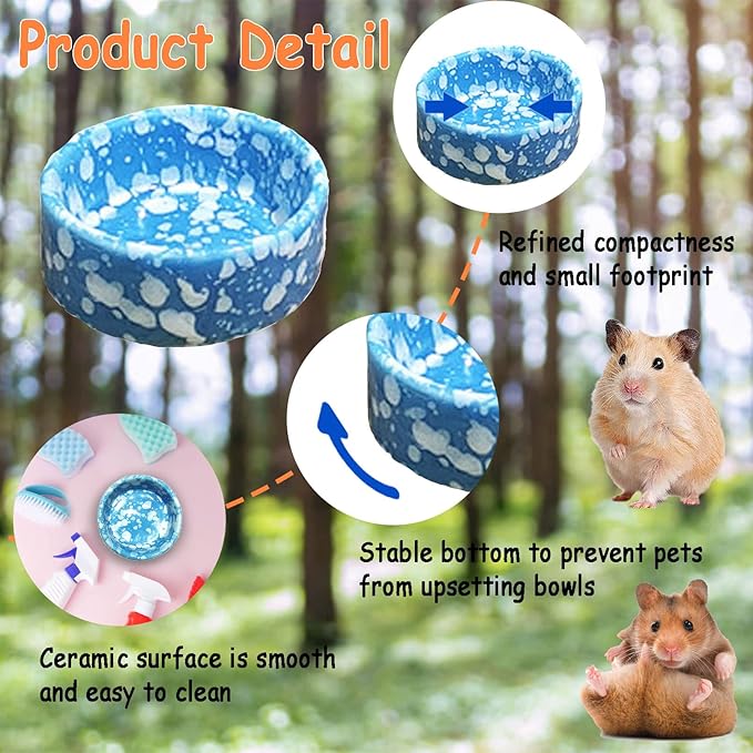 kathson 2 Pcs Hamster Food Bowl Guinea Pig Ceramic Water Bowl Small Animal Feeding Dish for Dwarf Hamster Gerbil Syrian Ferret Hedgehog Chinchilla Bunny (Blue)…