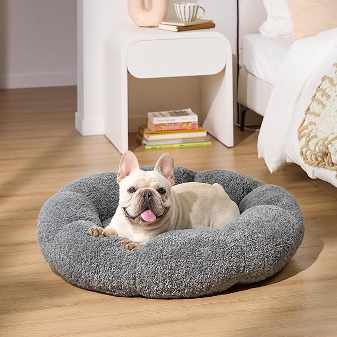 Lesure Calming Medium Dog Bed - Flower Donut Round Fluffy Puppy Bed in Plush Teddy Sherpa, Non-Slip Cute Flower Cat Beds for Indoor Cats, Medium Pet Bed Fits up to 45 lbs, Machine Washable, Grey 30"