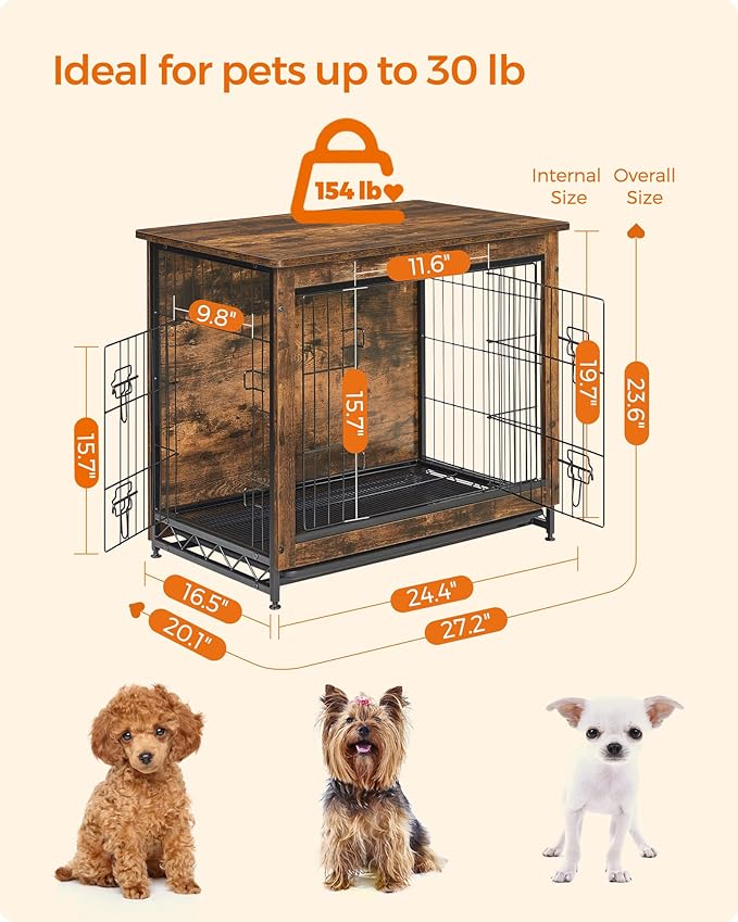 Feandrea Dog Crate Furniture, Side End Table, Modern Kennel for Dogs Indoor up to 30 lb, Heavy-Duty Dog Cage with Multi-Purpose Removable Tray, Double-Door Dog House, Rustic Brown UPFC001X01