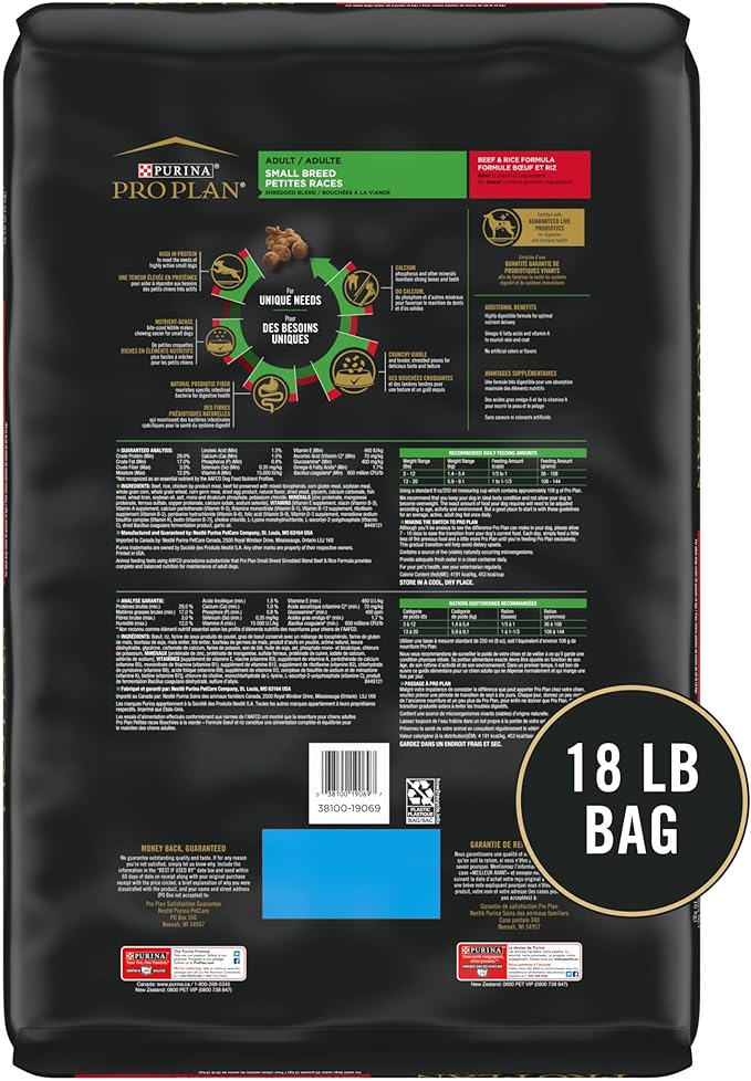 Purina Pro Plan High Protein Small Breed Dog Food, Shredded Blend Beef & Rice Formula - 18 lb. Bag