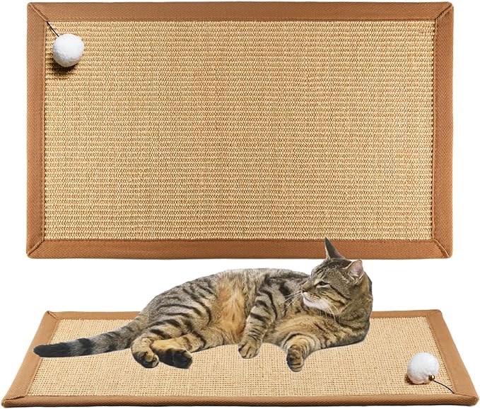 Cat Scratching Mat Hanging Toy Ball with Bell, 23.6x16.1 Sisal Cat Scratcher Mat with Latex Back & Cotton Borde,Horizontal Cat Scratchers Protect Carpets & Sofa (Beige with Cotton Border)