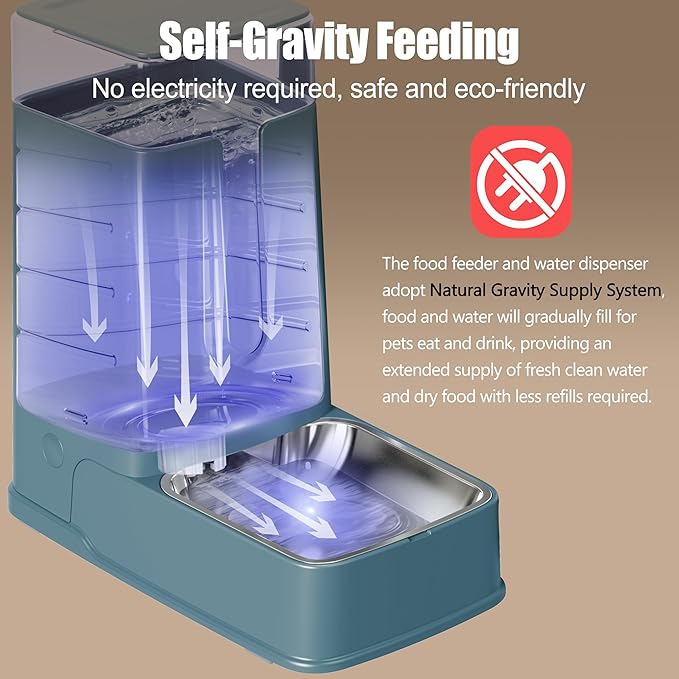 Automatic Cat Feeder and Cat Water Dispenser Set with Stainless Steel Bowls Gravity Dog Feeder for Small Medium Big Dog Pets Puppy Kitten, 1 Gallon x 2 (Cyan)