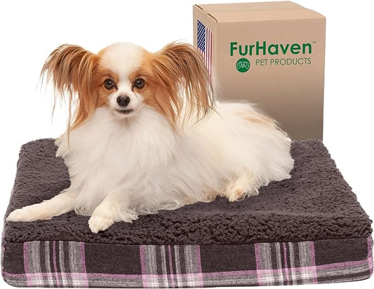 Furhaven Orthopedic Dog Bed for Small Dogs w/ Removable Washable Cover, For Dogs Up to 20 lbs - Sherpa & Plaid Flannel Deluxe Mattress - Java Brown, Small