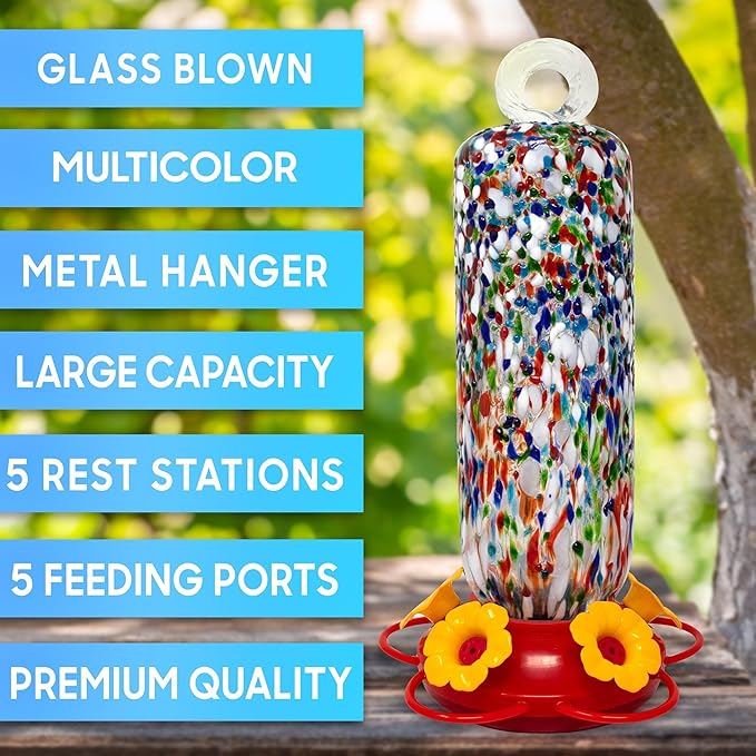 Superior Effect Hand Blown Glass Hummingbird Feeder, Flower Design 5 Bird Feeding Station, Garden Backyard Decorative, Containing Ant Moat Multicolor Easy Setup Bird Feeder, SE-0002