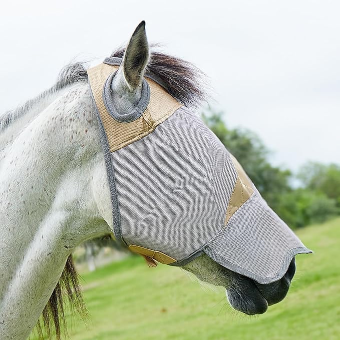 DEERFAMY Adjustable Horse Fly Mask, High-Quility Net Mesh Mask with Large Eye Space,Full Coverage, Soft & Gentle on Skin, No Ears but with Nose (Gold, M)