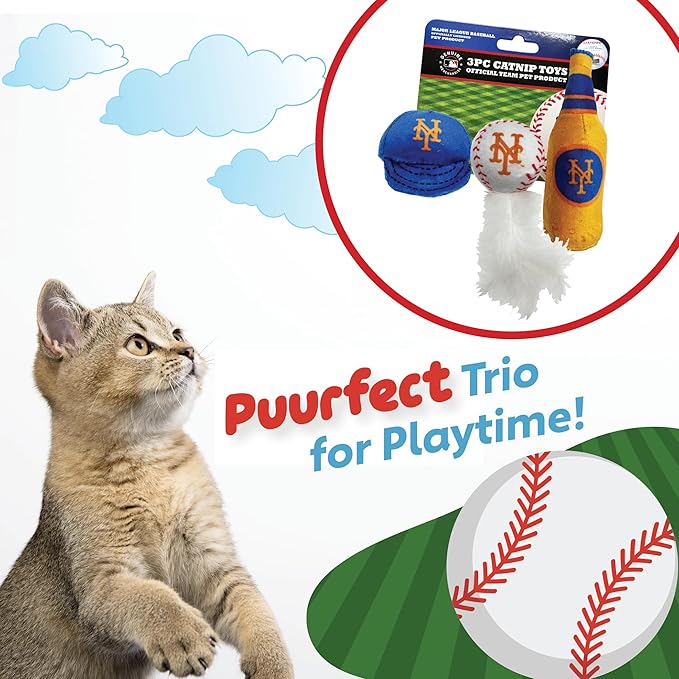 BEST PLUSH CAT TOY - MLB NEW YORK METS Complete Set of 3 piece Cat Toys filed with Fresh Catnip. Incld: 1 Baseball Cap Cat Toy, 1 Baseball Cat Toy with Feathers, & 1 Beer Bottle. Beautiful Team LOGOS