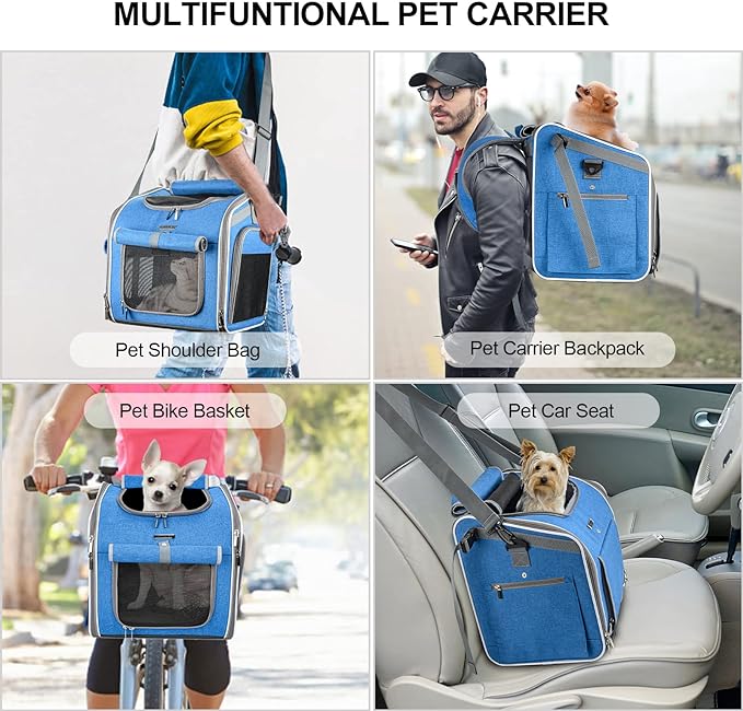 Dog Bike Basket, Expandable Soft-Sided Pet Carrier Backpack with 4 Open Doors, 4 Mesh Windows for Small Dog Cat Puppies - Blue