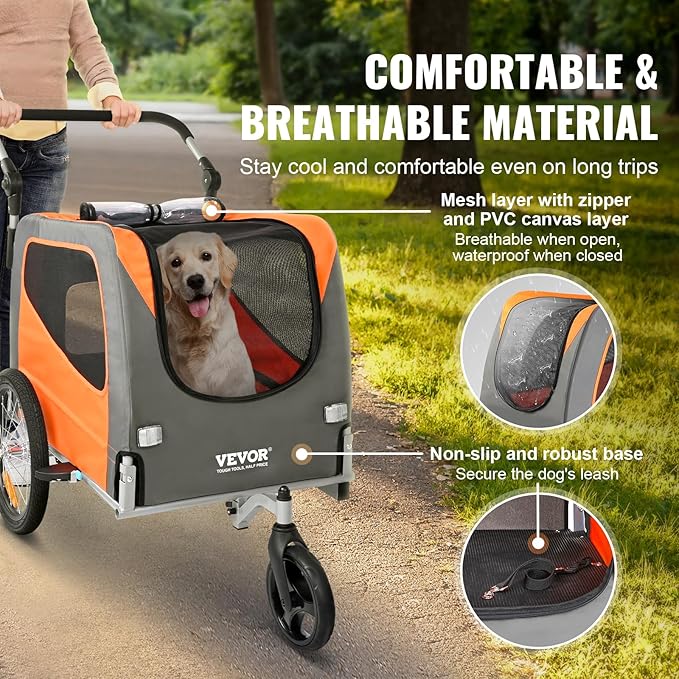 VEVOR Dog Bike Trailer, Supports up to 66/88/100 lbs, 2-in-1 Pet Stroller Cart Bicycle Carrier, Easy Folding Cart Frame with Quick Release Wheels, Universal Bicycle Coupler, Reflectors, Flag