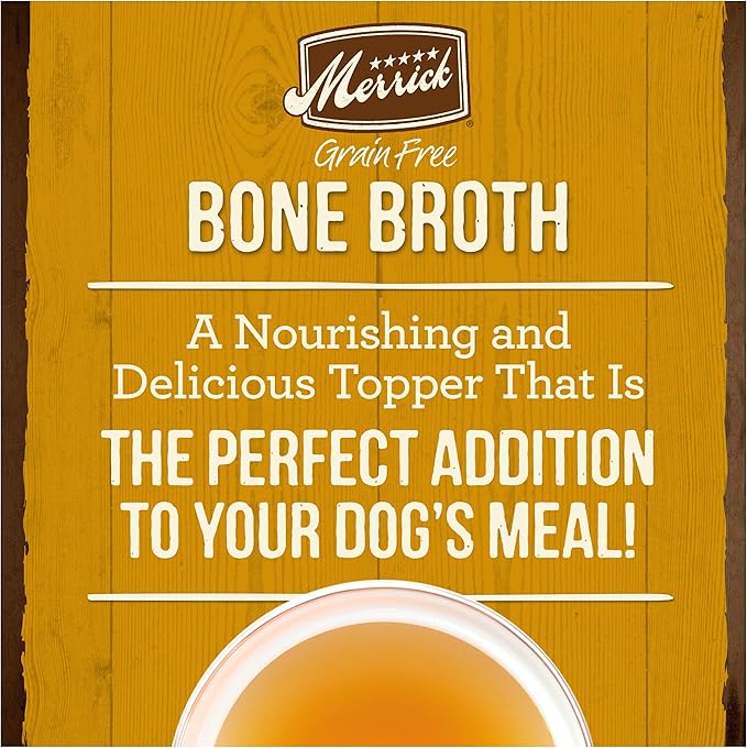 Merrick Grain Free Bone Broth, Premium Human Grade And Gluten Free Dog And Cat Food Topper Pouches, Chicken - 7 oz. Pouch