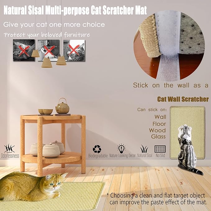 Cat Scratcher Mat, 23.6x15.7” Natural Sisal Scratching Mat with Velcro Tape,Stick on Floor and Wall Cat Scratch Pad Rug, Horizontal Cat Scratch Mat Protect Carpet and Sofa (Natural Color)