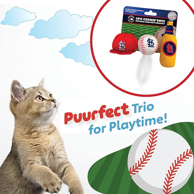 BEST PLUSH CAT TOY MLB ST LOUIS CARDINALS Complete Set of 3 piece Cat Toys filled with Fresh Catnip. Incl: 1 Baseball Cap Cat Toy, 1 Baseball Cat Toy with Feathers & 1 Beer Bottle. Beautiful Team LOGO