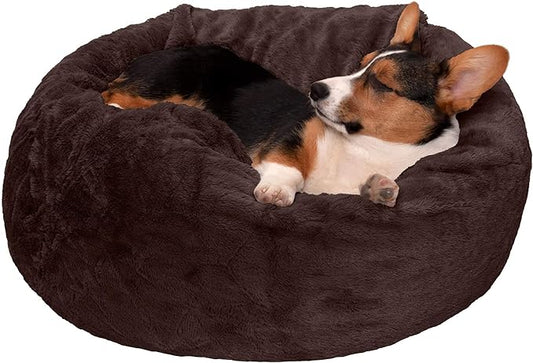 Furhaven Soft & Cozy Dog Bed for Medium/Small Dogs, Refillable w/ Removable Washable Cover & Liner, For Dogs Up to 35 lbs - Plush Faux Fur Bean Bag Style Ball Bed - Espresso, Medium