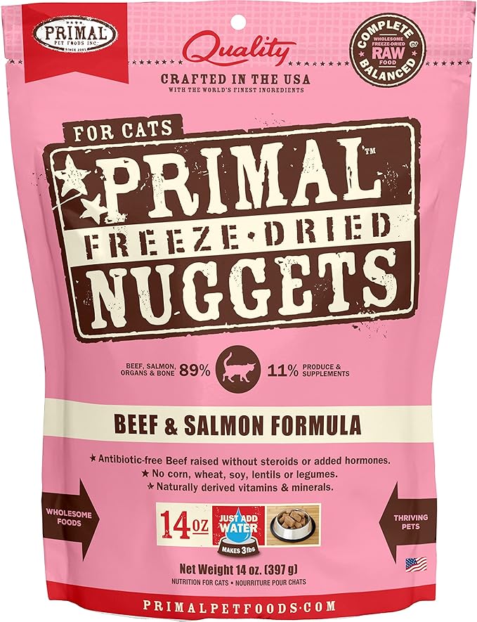 Primal Freeze Dried Cat Food Nuggets Beef & Salmon; Complete & Balanced Meal or Topper; Premium, Healthy, Grain Free, High Protein Raw Cat Food with Probiotics (14 oz)