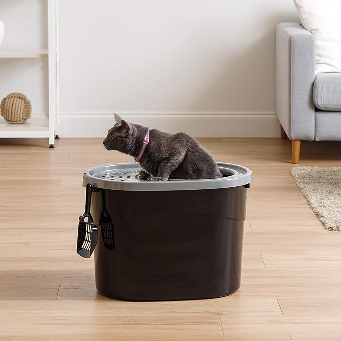 IRIS USA Oval Top Entry Cat Litter Box with Scoop, Kitty Litter Box, Cat Litter Box Enclosure, Large, Black/Gray