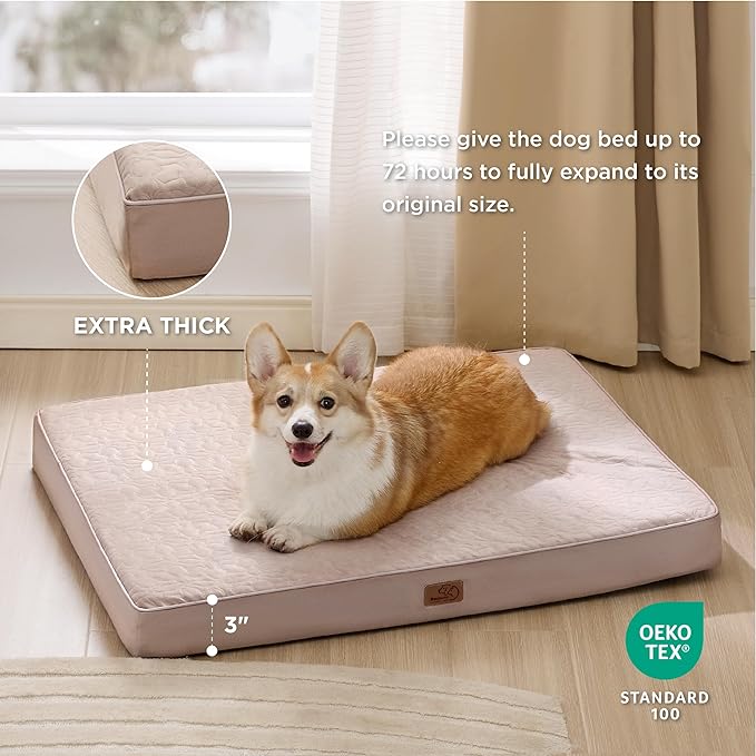 Bedsure Orthopedic Dog Bed for Medium Dogs - Memory Foam Dog Beds, 2-Layer Thick Pet Bed with Removable Washable Cover and Waterproof Lining (30x20x3 Inches), Beige