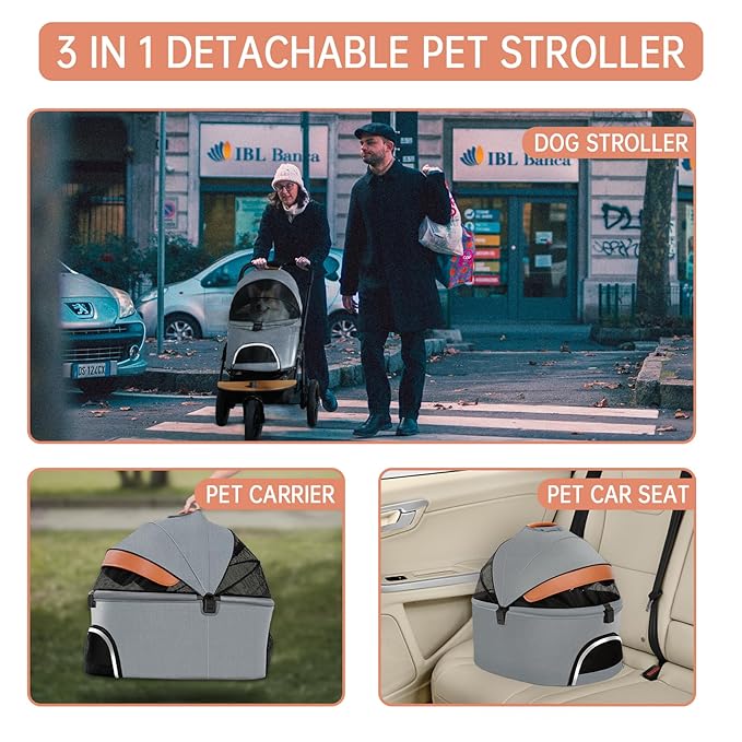 Dog Stroller for Medium Small Dogs, 3 in1 Pet Stroller Zipperless Dog Cat Jogger Stroller 3 Wheels with Detachable Dog Carriage, Storage Basket and One-Button Folding Frame for Pets Walk-Gray