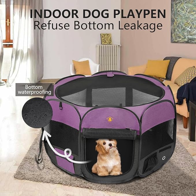 Pet Puppy Dog Playpen, kitten Playpen Indoor/Outdoor, Portable Dog Play Pen Tent Crates Cage for Medium Dog and Cat, Foldable Pop Up Dog Kennel Playpen with Waterproof Bottom & Top Cover, Purple