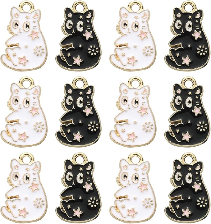 KitBeads 20pcs Black White Cat Charms Tarot Style Star Plated Kitten Charms Kawaii Animal Cute Pet Cat Charms for Jewelry Making Bulk