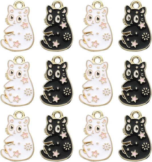 KitBeads 20pcs Black White Cat Charms Tarot Style Star Plated Kitten Charms Kawaii Animal Cute Pet Cat Charms for Jewelry Making Bulk