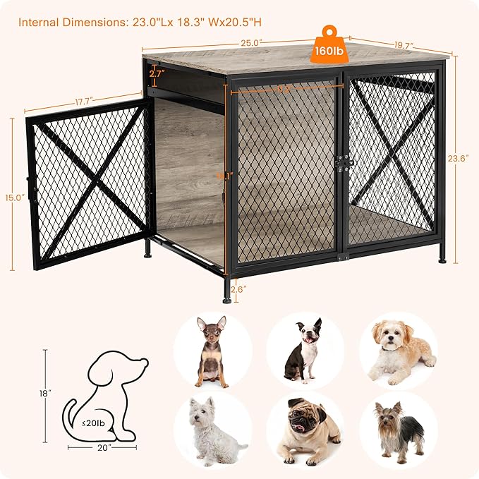 DWANTON Dog Crate Furniture, 25" L Three-Door Wooden Dog Kennel Indoor, Connectable expansion, Wooden Dog Crate Table for Small/Medium/Large Dog, Dog House, Dog Cage Large, Greige