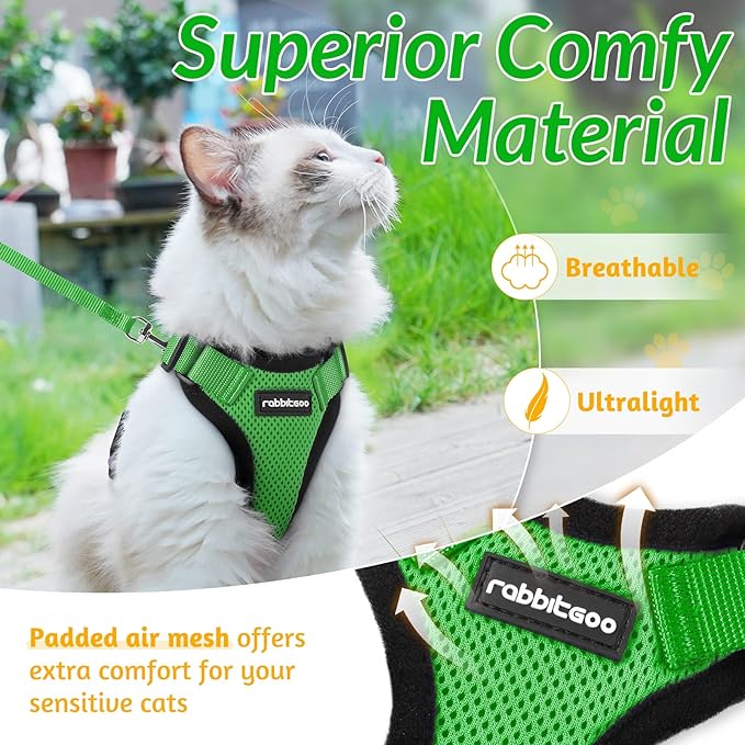 rabbitgoo Cat Harness and Leash for Walking, Escape Proof Soft Adjustable Vest Harnesses for Cats, Easy Control Breathable Reflective Strips Jacket, Grass Green, XS