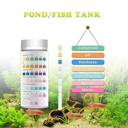 Aquarium Water Test Kit,Aquarium Test Strips,Home Water Quality Test Strips for Well and Tap Test Kit,Testing for pH, Hardness,Total Chlorine,Free Chlorine,Nitrate,Nitrite,and Carbonate