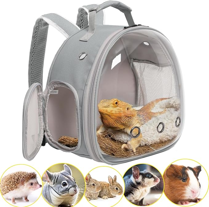 Guinea Pig Backpack Carrier, Reptile Outdoor Used,Bearded Dragon Carrier Backpack with Clear Bubble Window,Small Animal Travel Backpack for Hedgehog Rat Parrot, Airline Approved (Grey, Backpack)