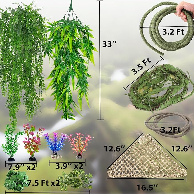 12 Pieces Bearded Dragon Tank Accessories, Reptile Hammock Plants and Vines Terrarium Branch Plants Habitat Decoration for Lizard Gecko Snake Hermit Crab