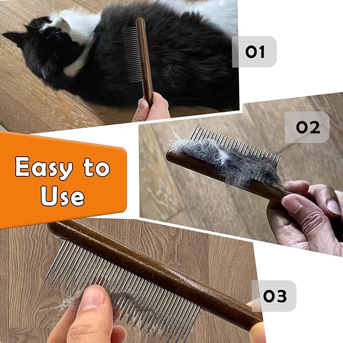 3 Pack Solid Wood Cat Combs,Flea Lice Comb with Rounded Stainless Steel Teeth for Cat Dog Rabbit Massage Removes Mats, Tangles and Loose Fur,Grooming Comb for Cat/Dog/Small Medium Pets