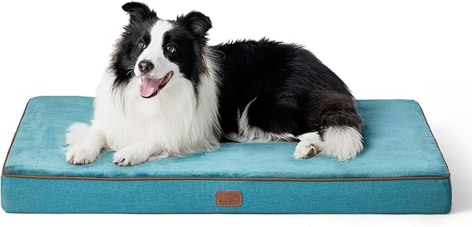 Bedsure Memory Foam Large Plus Dog Bed - Orthopedic Waterproof Dog Bed for Crate with Removable Washable Cover and Nonskid Bottom - Plush Flannel Fleece Top Pet Bed, Blue