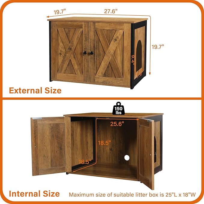 Dwanton Litter Box Enclosure, Cat Litter Box Furniture Hidden, Reversible Entrance Can Be on Left or Right Side, Wooden Cat Washroom Indoor, Fit Most of Litter Box, Warm Brown