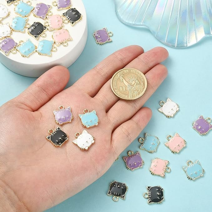 KitBeads 40pcs Mixed Colors Cat Charms Cartoon Animal Cat Head Charms Cute Pets Enamel Kitten Charms for Jewelry Making Bracelets Bulk