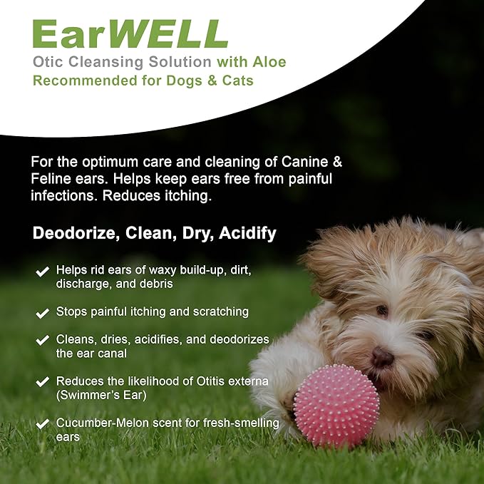 VetWELL Ear Cleaner for Dogs and Cats - Otic Rinse for Infections and Controlling Ear Infections and Odor in Pets - 8 oz (Cucumber Melon)